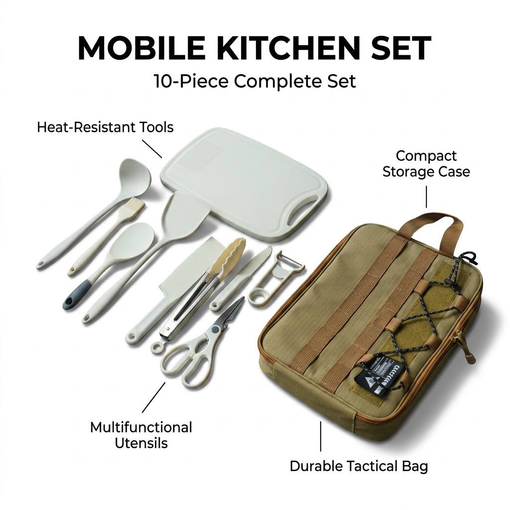 Camping Cooking Organizer - Portable 9Pcs Camping Kitchenware Set Outdoor